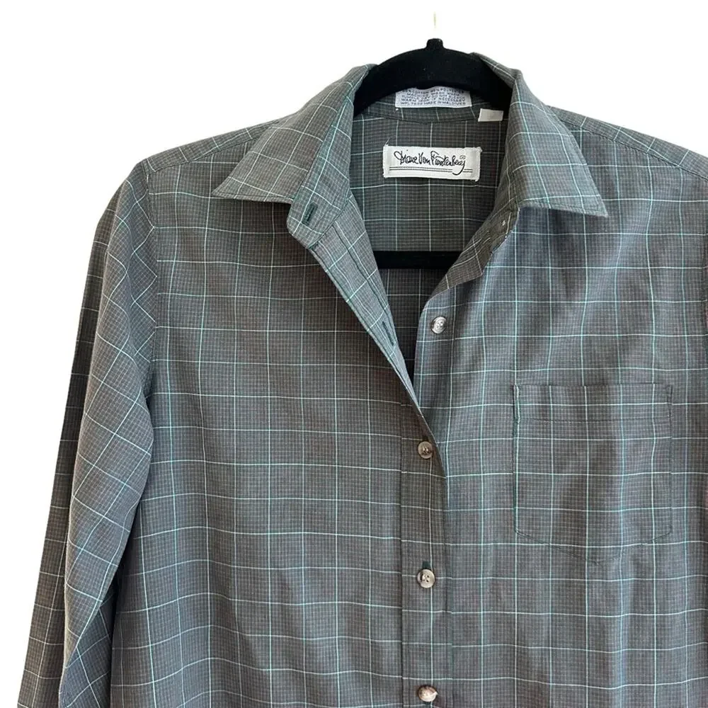 Diane Von Furstenberg Vintage Plaid Cotton Button Up Shirt Grey Size 10